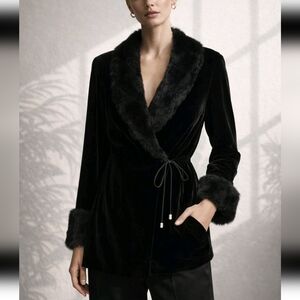 Patra Vintage 90s Black Velour Velvet Faux Fur Trim Wrap Cardigan Jacket SZ L/XL